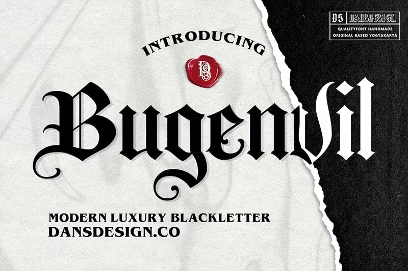 display of a blackletter calligraphy font with swashes, bugenvil