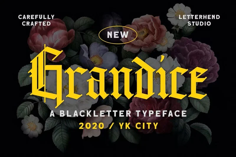 display of a simple gothic calligraphy font, grandice blackletter typeface
