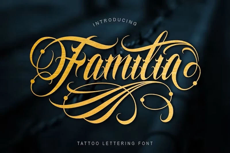 display of the best script tattoo calligraphy font, Familia tattoo lettering font