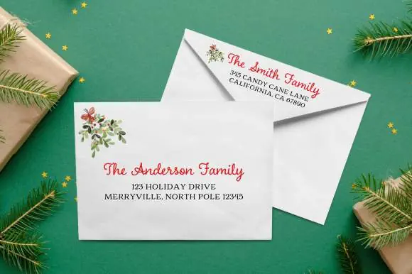 display of Christmas card envelopes made using Charcuterie font