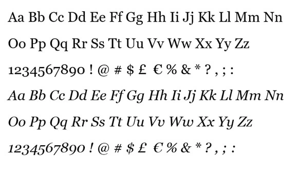 display of the Georgia font glyphs