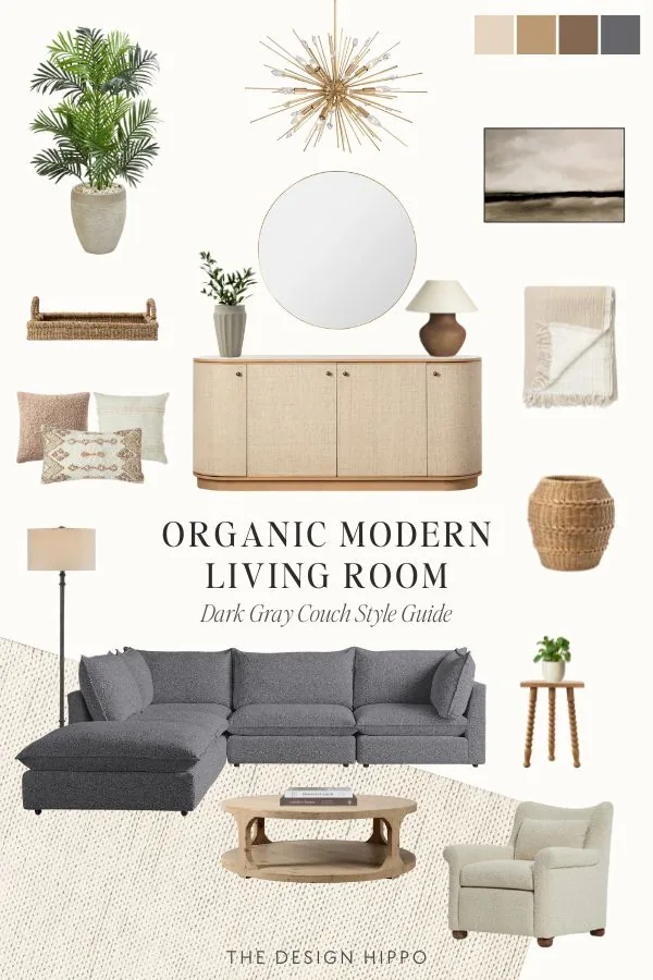 organic modern living room mood board with a dark gray couch