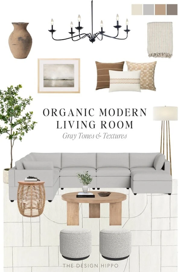 Organic modern living room with gray sectional