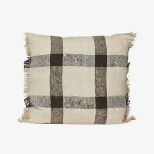 Beige and black buffalo check throw pillow with fringe