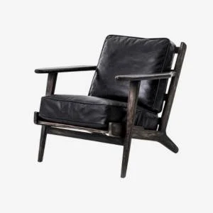 Modern black leather lounge chair with dark wood frame