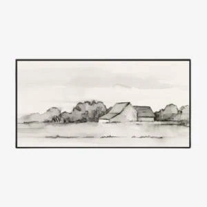Black and white watercolor farmhouse landscape in black frame