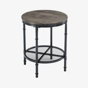 Round wood and metal industrial side table with mesh shelf