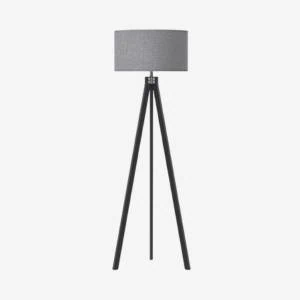 Black metal tripod floor lamp with gray drum shade