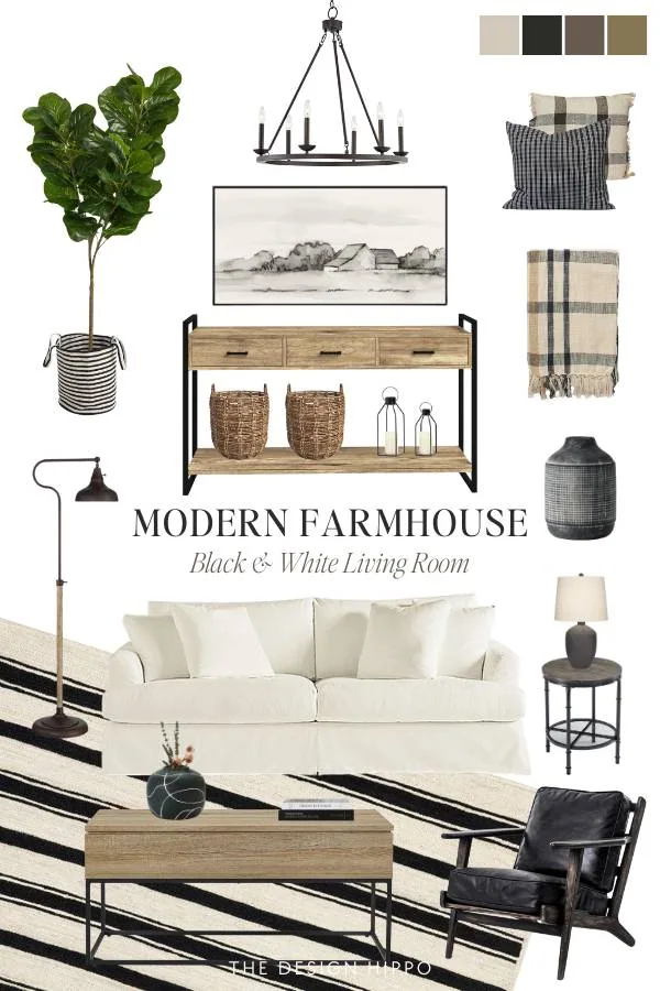 Modern farmhouse living room mood board featuring black and white decor, including a white slipcovered sofa, black metal chandelier, natural wood furniture, and plaid textiles
