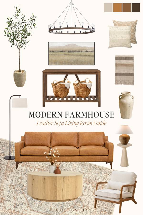Modern farmhouse living room mood board featuring cognac leather sofa, round chandelier, neutral textiles, and natural decor elements
