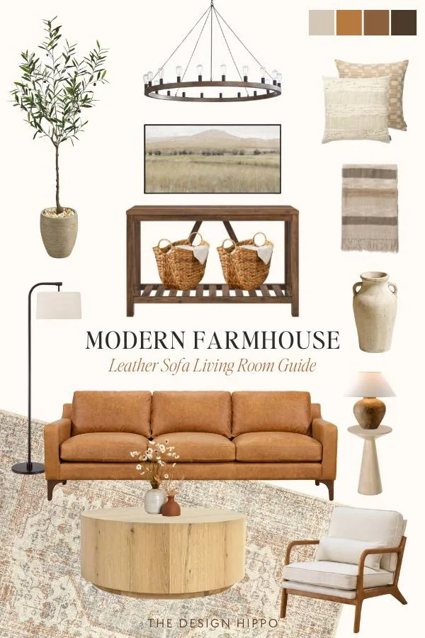 Modern farmhouse living room mood board featuring cognac leather sofa, round chandelier, neutral textiles, and natural decor elements