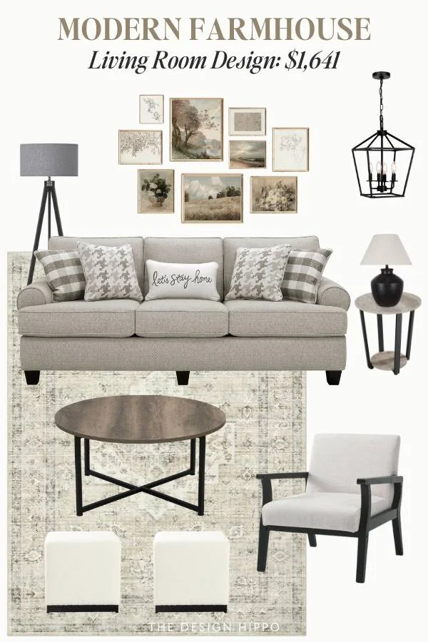 Modern farmhouse living room design board featuring gray sofa, black metal accents, and neutral decor for $1,641