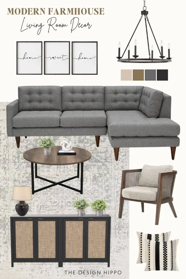 Modern farmhouse living room design board featuring gray tufted sectional and black metal accents
