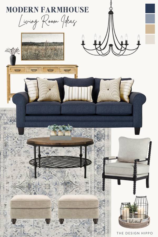 Modern farmhouse living room mood board featuring navy blue sofa, natural wood furniture, black metal chandelier, and neutral accents