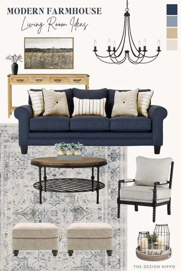 Modern farmhouse living room mood board featuring navy blue sofa, natural wood furniture, black metal chandelier, and neutral accents