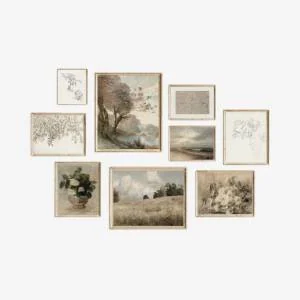 Set of 9 neutral landscape prints in vintage style with wooden frames