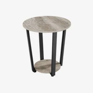 Round wooden side table with black metal frame and lower shelf
