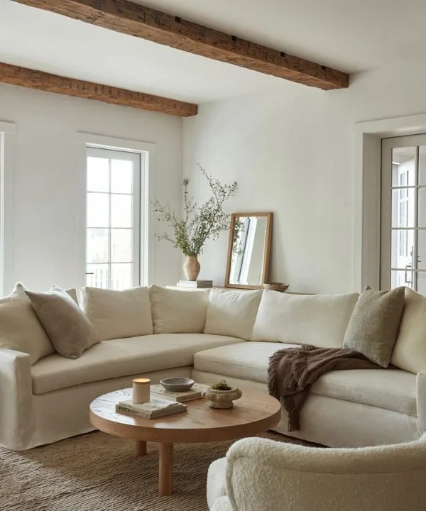 White sectional sofa with wooden ceiling beams and textured area rug in neutral living room