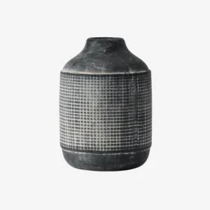 Gray ceramic vase with grid texture pattern