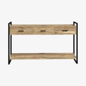 Three-drawer wood console table with black metal frame and lower shelf