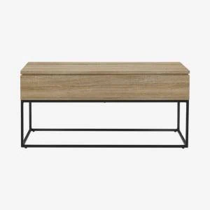 Natural wood coffee table with black metal frame and storage