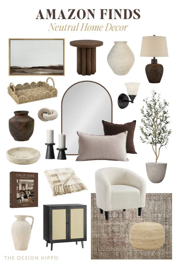 Mood board of 22 Amazon home decor items in warm neutral tones. Features furniture, lighting, textiles, and accessories in beige, brown, and cream colors with natural textures.