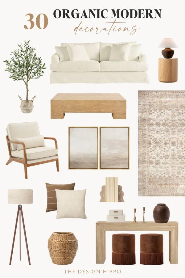 Organic modern living room decor mood board showcasing cozy white slipcovered sofa, wooden coffee table, woven accents, and neutral decor pieces for a serene space