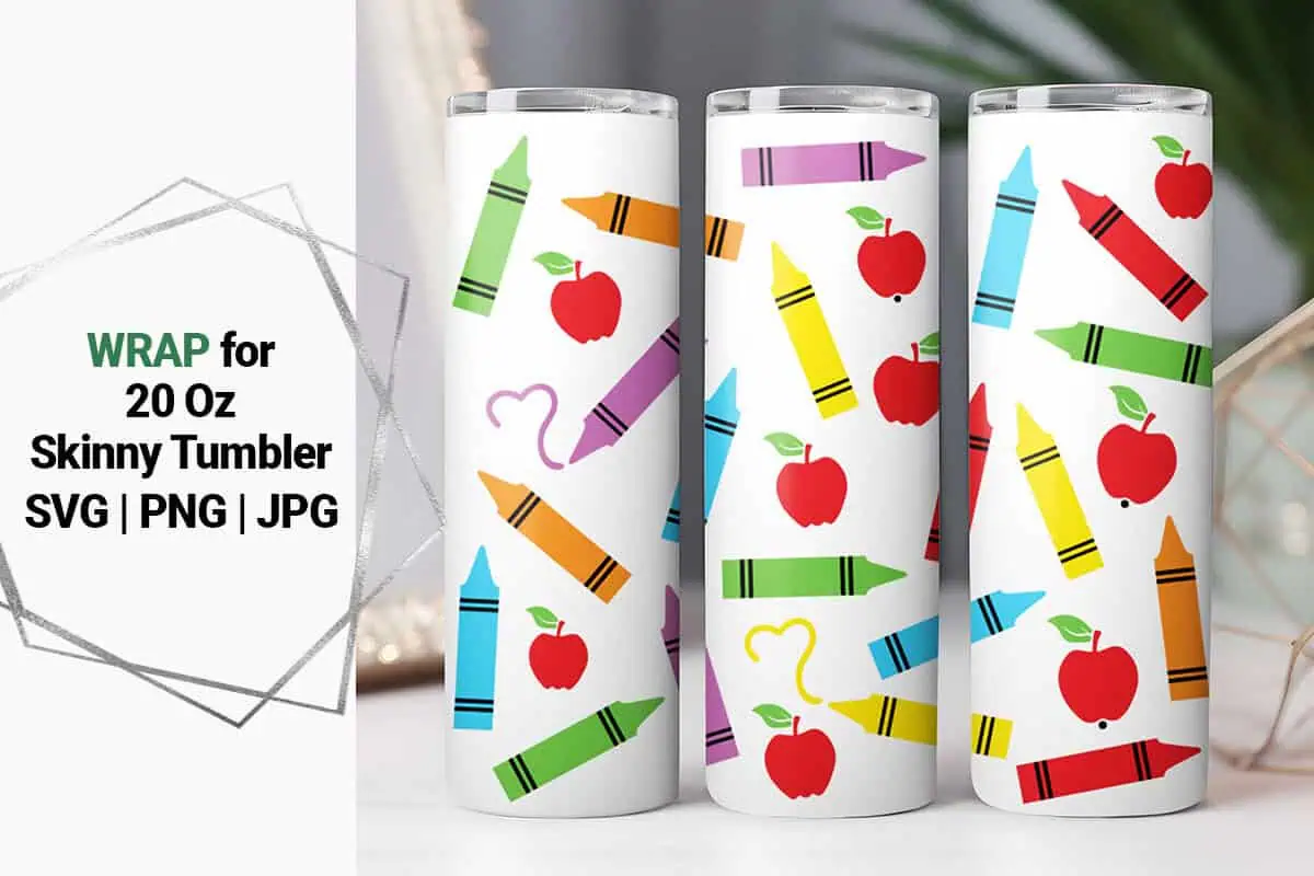 three skinny tumblers covered in colorful crayons and red apples