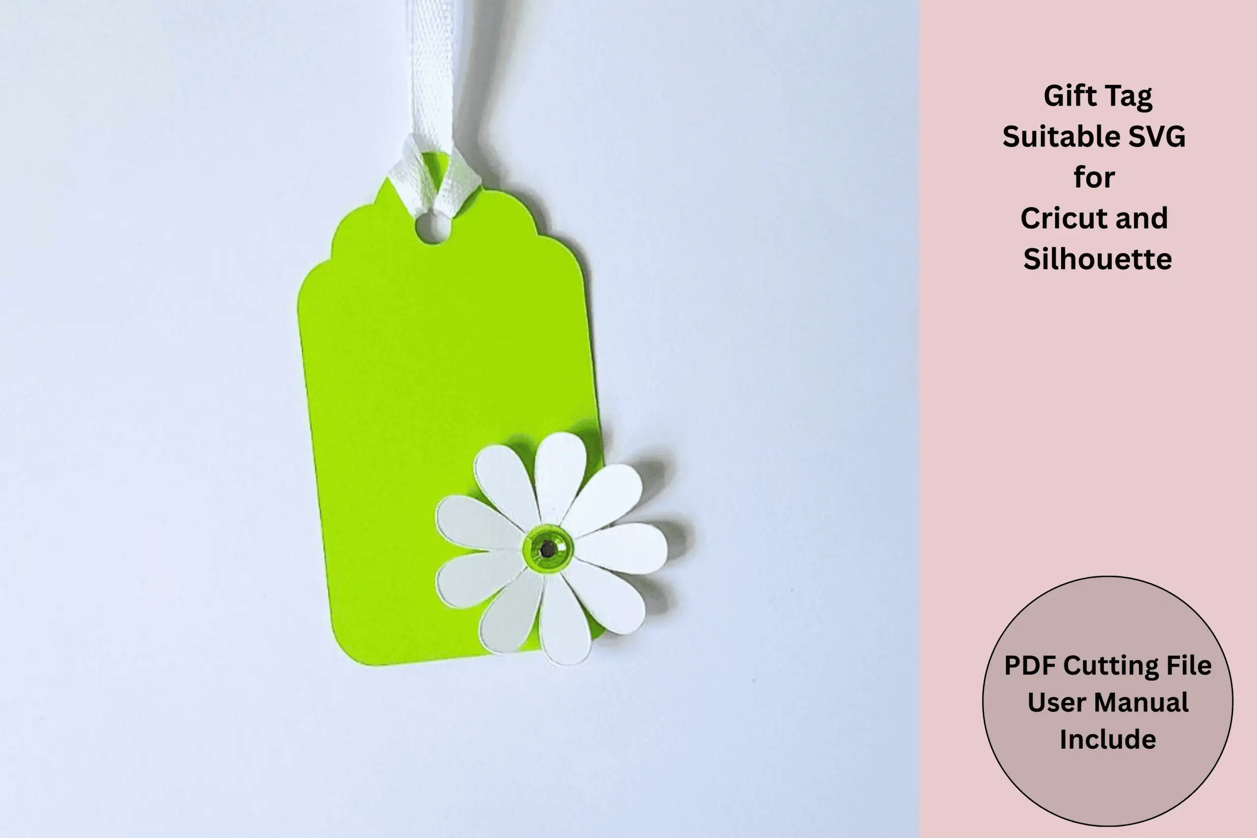 lime green gift tag with a white 3D paper daisy and a ribbon