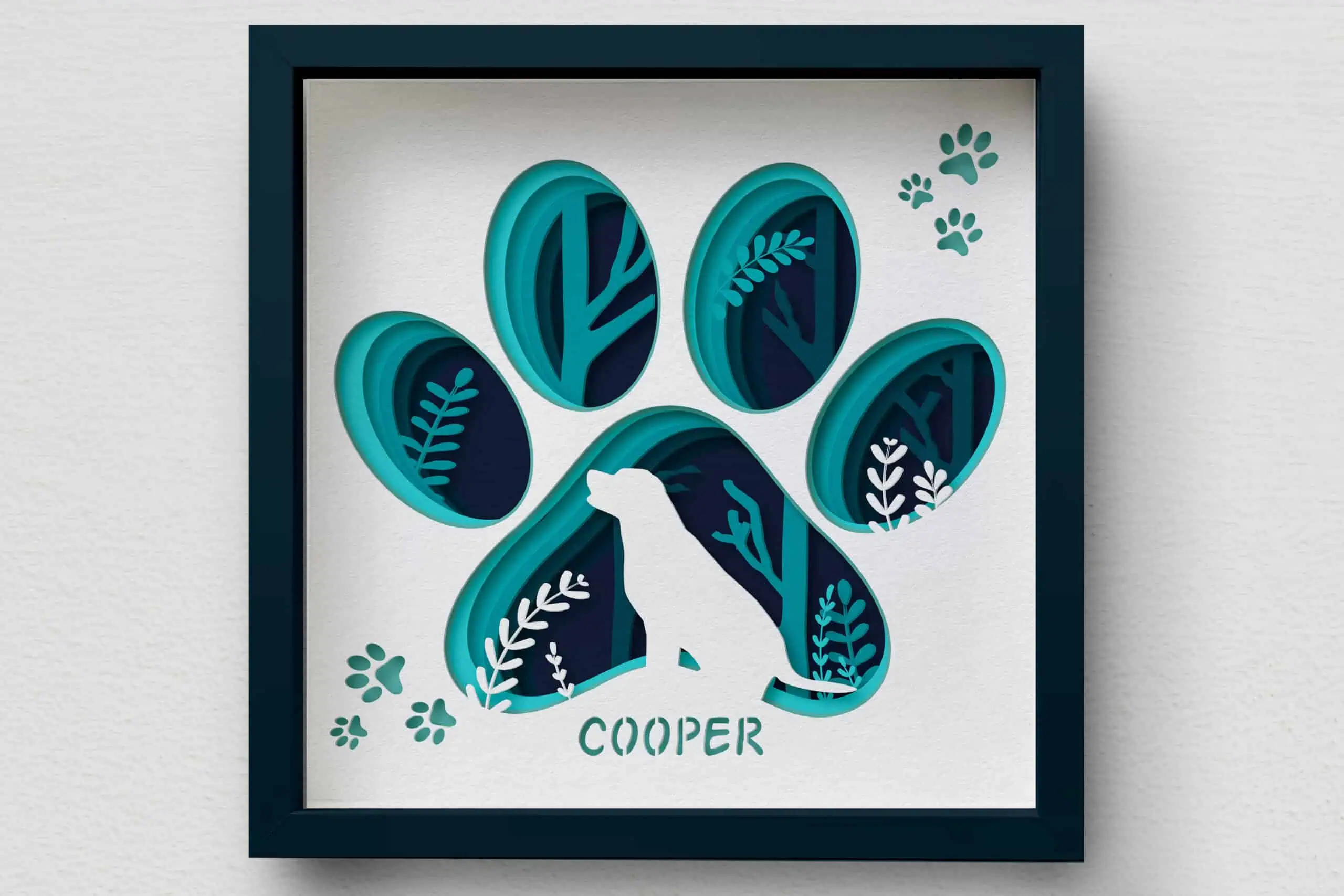 teal layered paw print shadow box with a labrador silhouette and the name Cooper