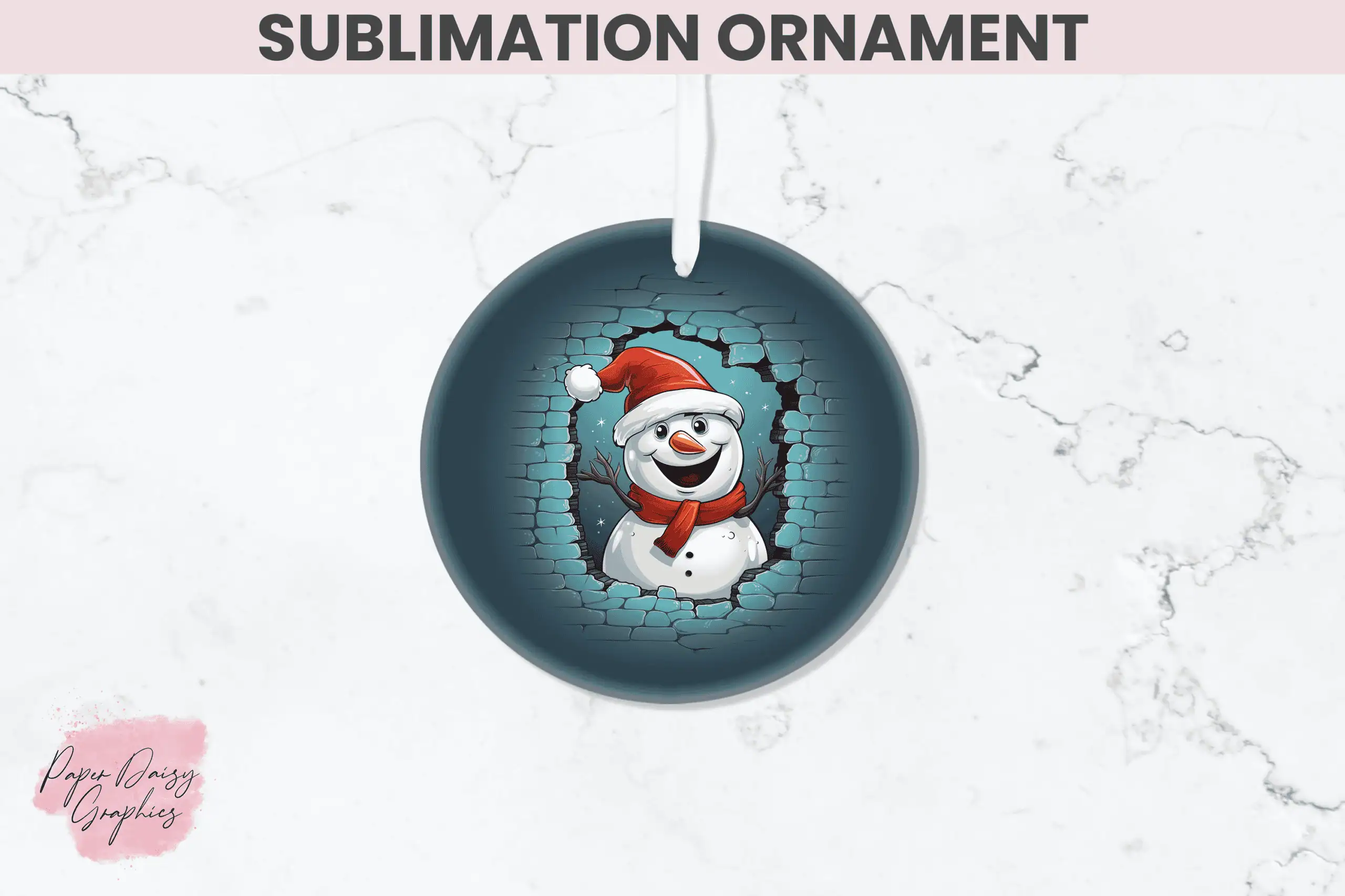 round ornament with a smiling snowman in a Santa hat bursting through a cracked blue brick wall