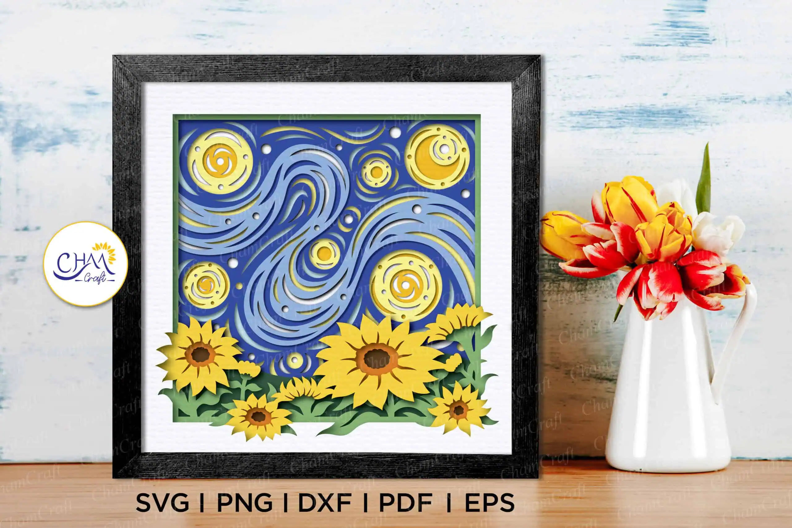 layered shadow box with swirling blue Starry Night sky and yellow sunflowers in a black frame