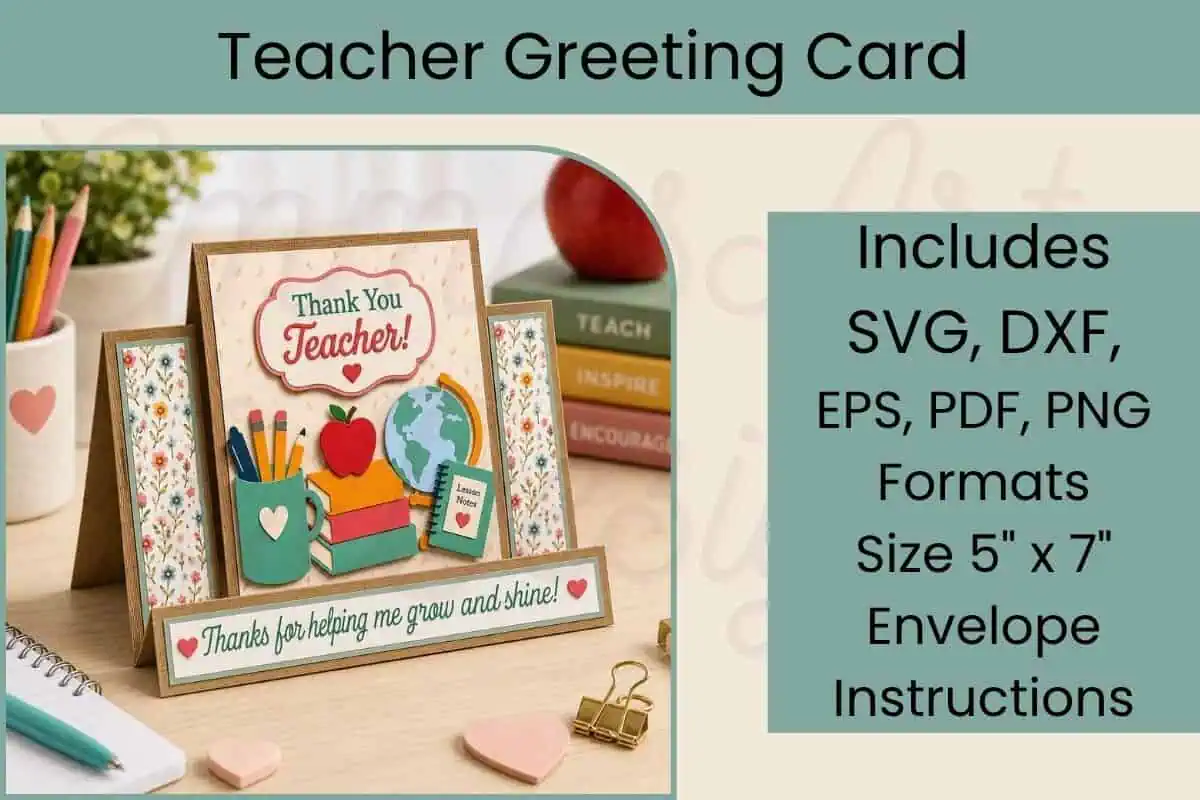 3D step card that says Thank You Teacher with books, a globe and an apple