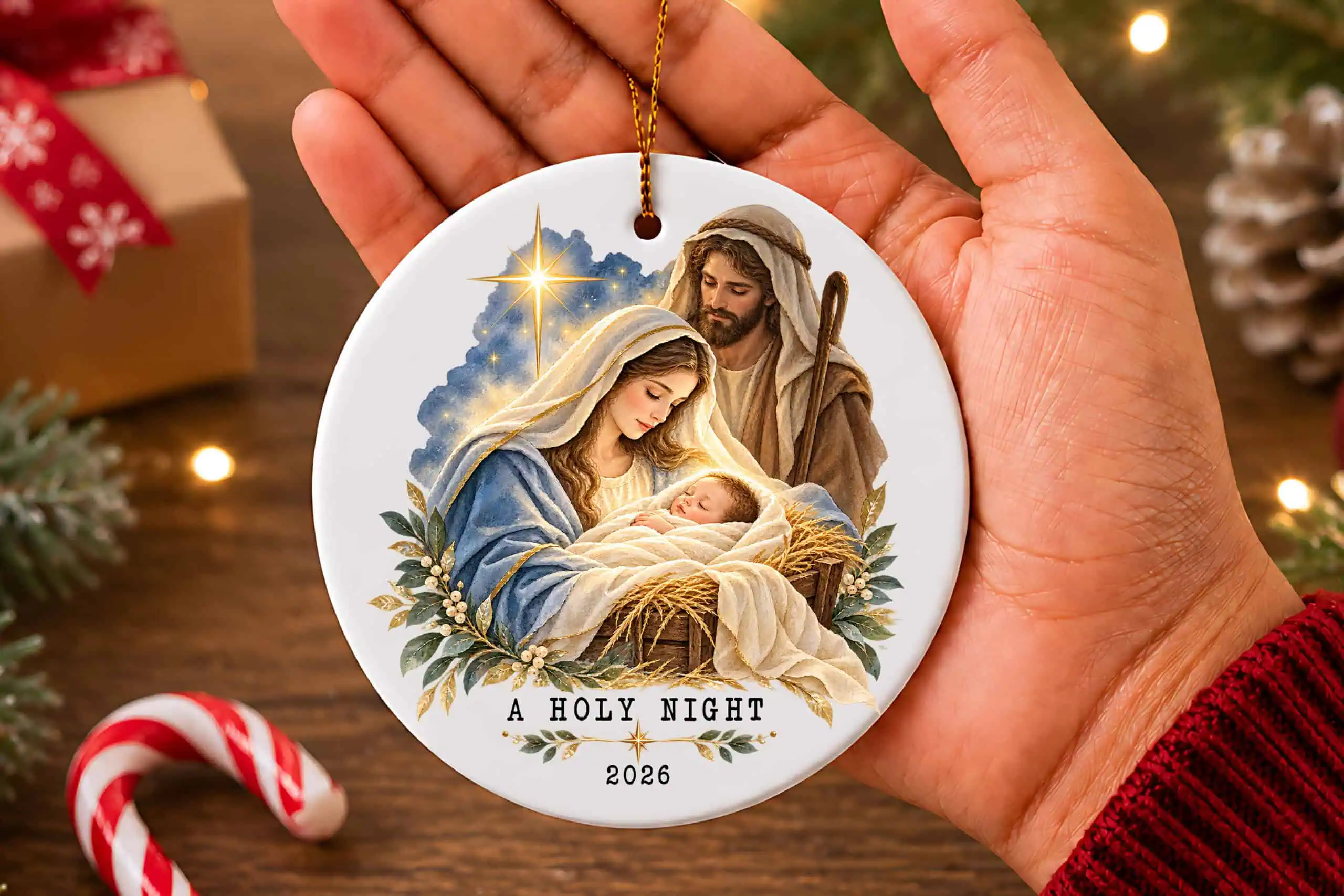 hand holding a white round ornament with Mary, Joseph and baby Jesus in the manger under a bright star, with a holy night 2026
