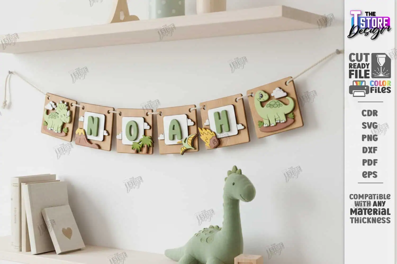baby name garland spelling NOAH with little dinosaurs, hanging below a shelf in a nursery