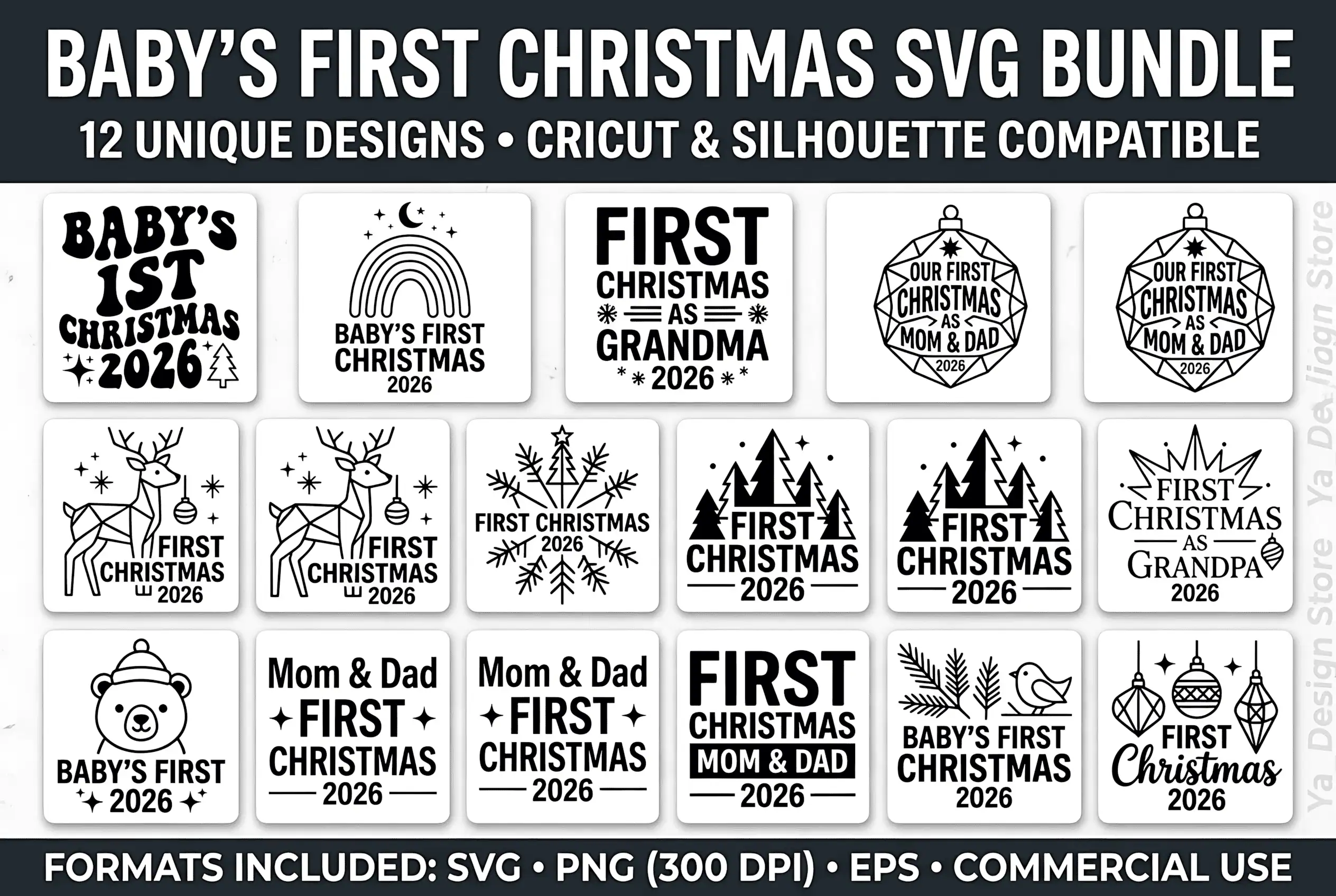 bundle of Baby's First Christmas 2026 designs, including First Christmas as Grandma and as Mom and Dad