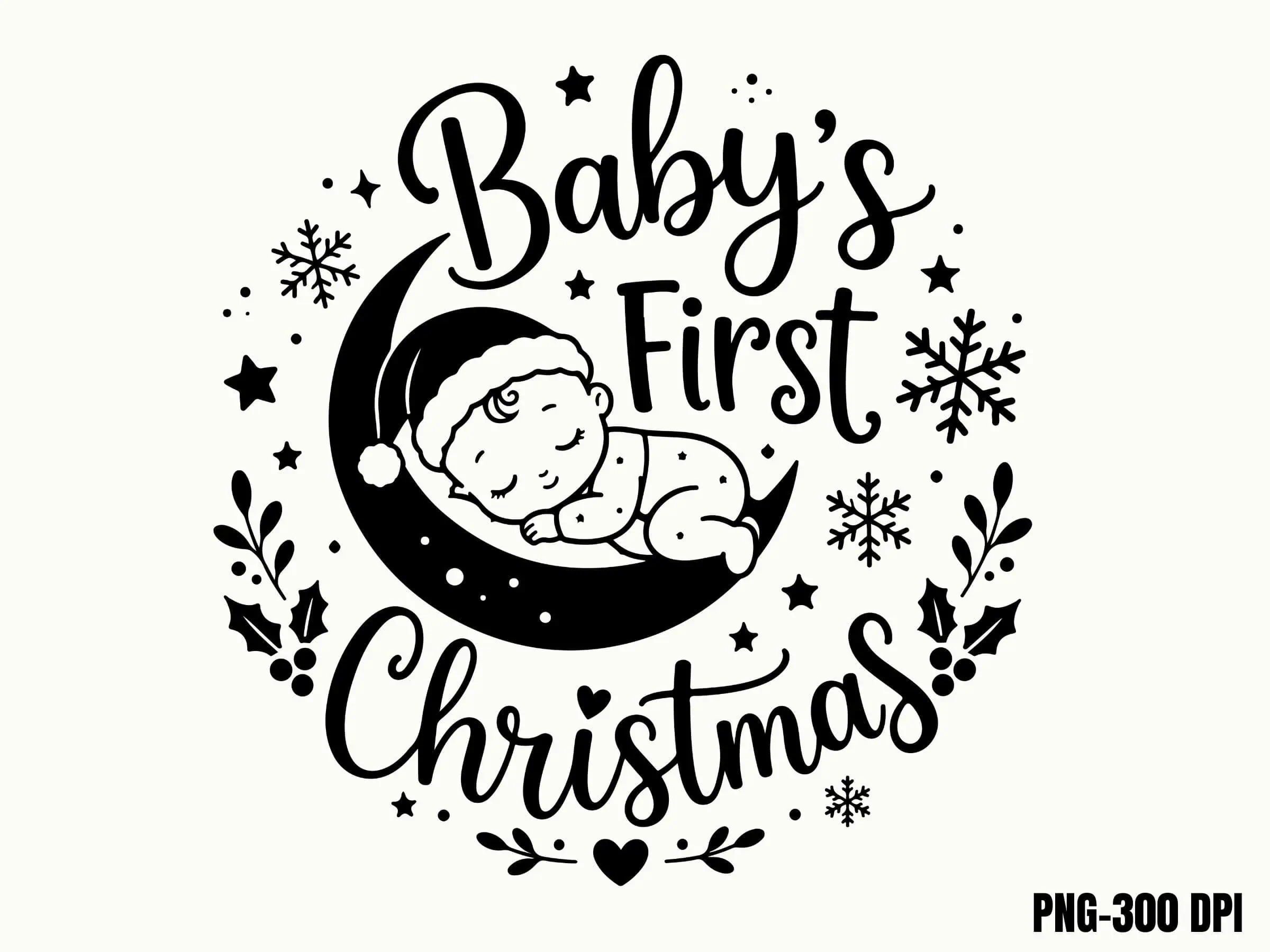 round Baby's First Christmas design with a sleeping baby on a moon