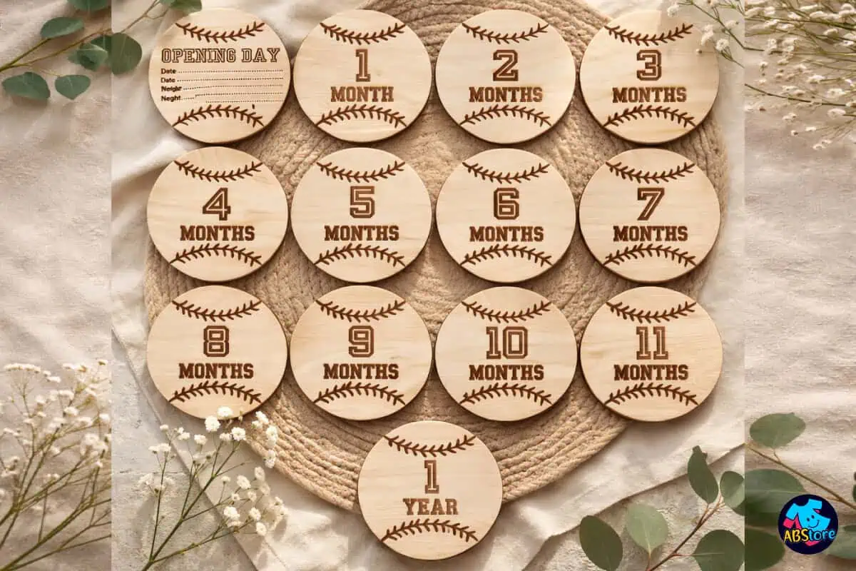 round wooden baby milestone discs for opening day, 1 to 11 months and 1 year, with baseball stitching