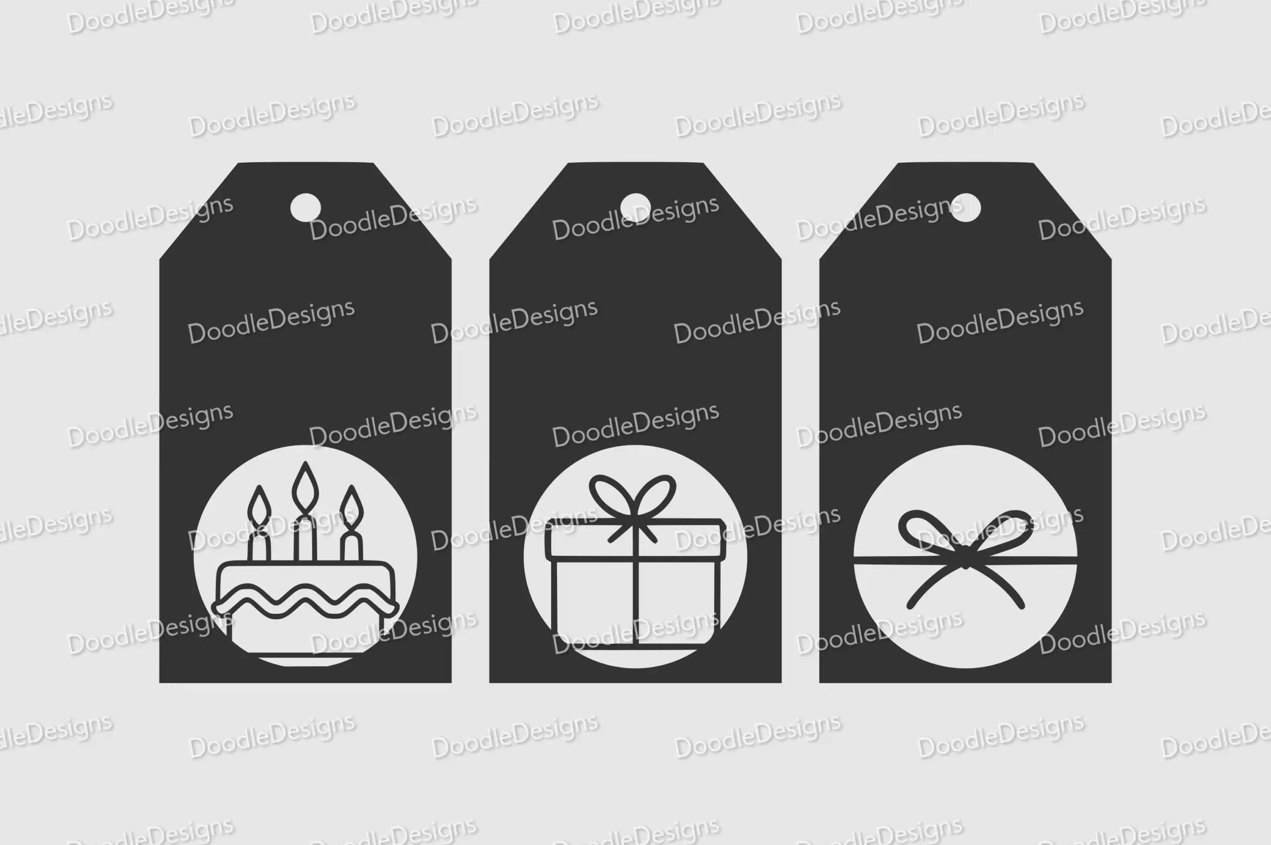 three gift tags with a birthday cake, a present and a bow
