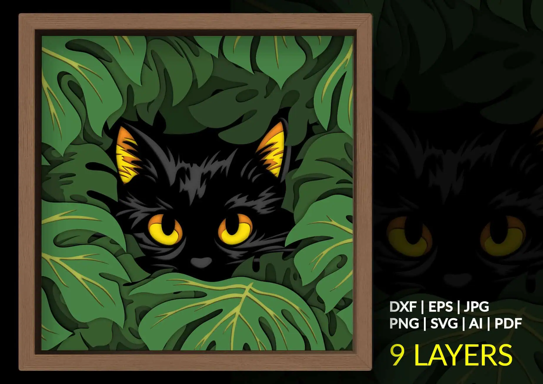 layered shadow box of a black cat with yellow eyes peeking through green monstera leaves
