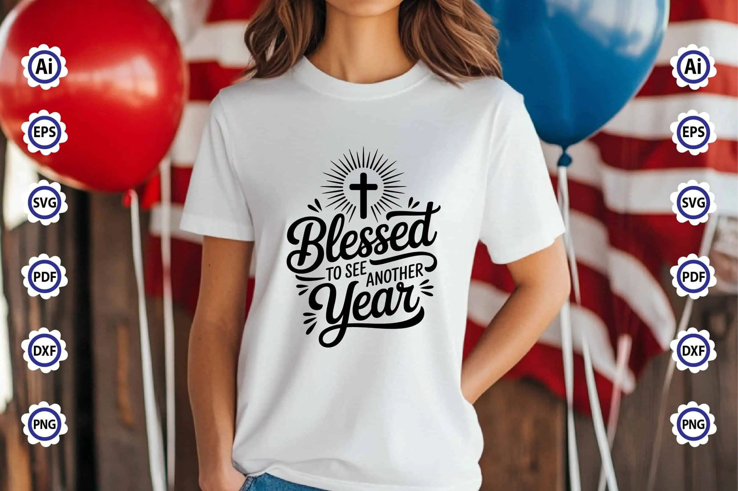 white t-shirt that says blessed to see another year with a small cross