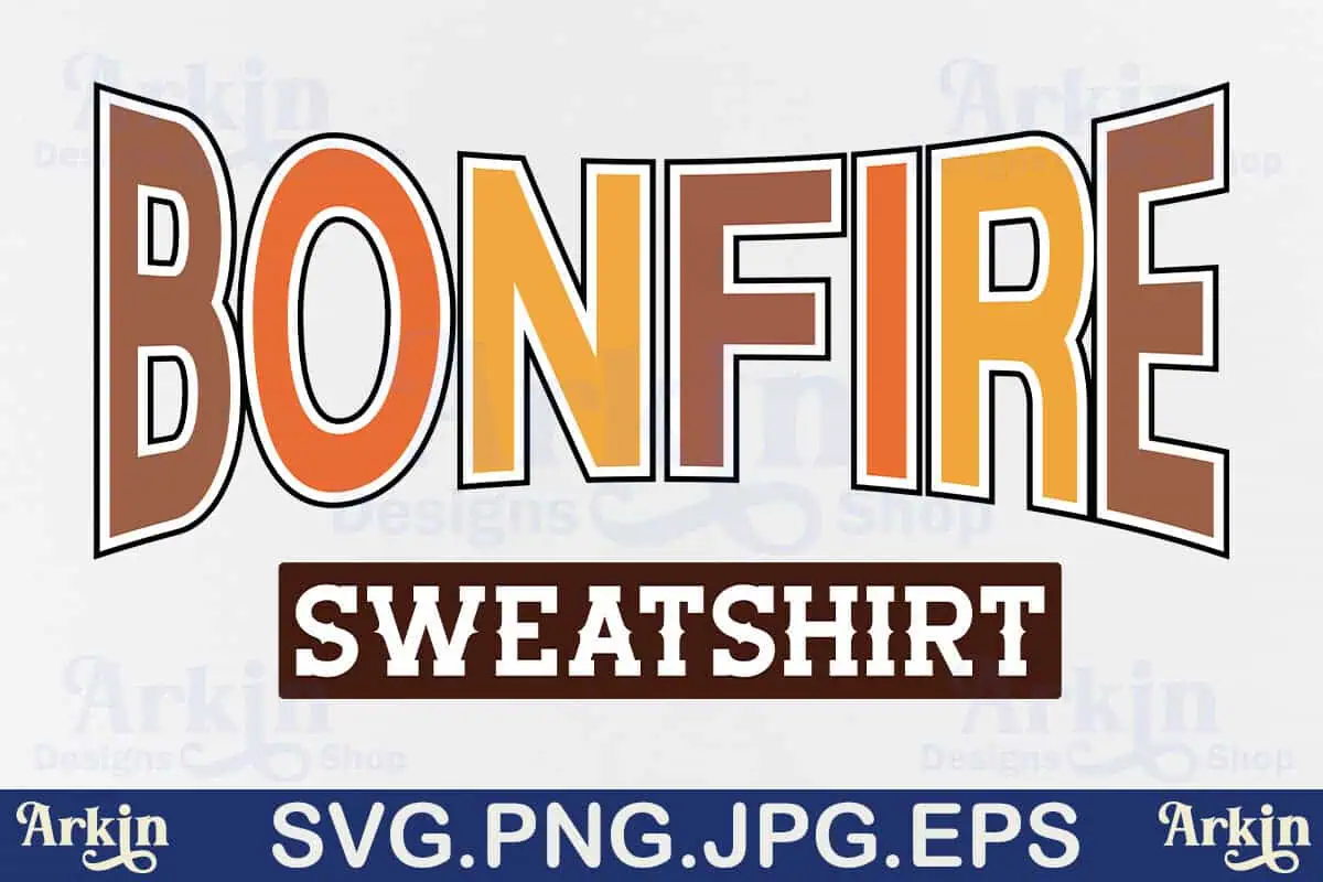 varsity design that says Bonfire Sweatshirt in orange and brown