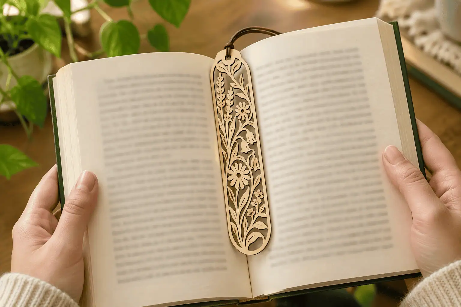 hands holding an open book with a long oval wooden bookmark covered in wildflowers