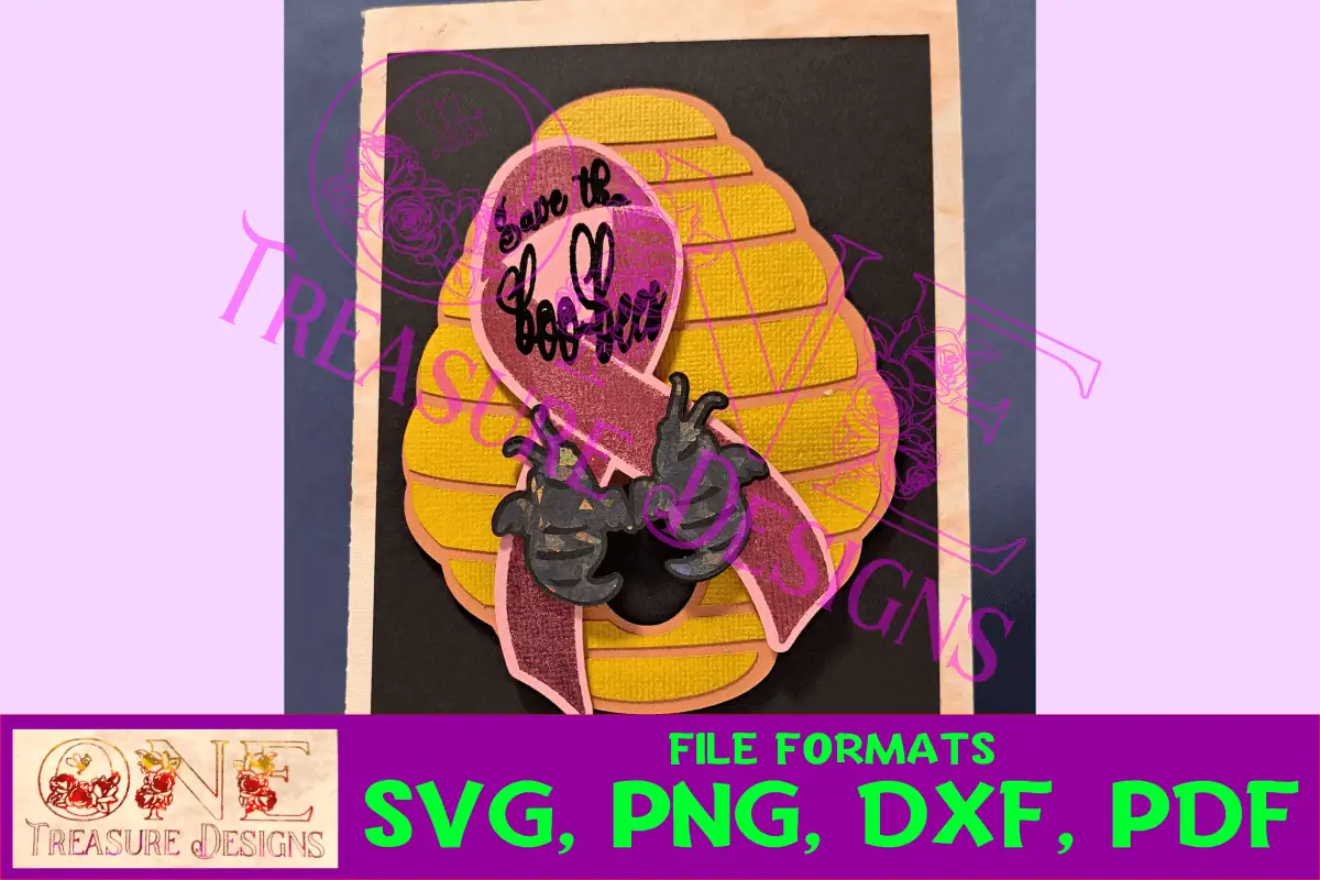 card with a yellow bee hive, a pink ribbon and a bee that says save the boo-bees
