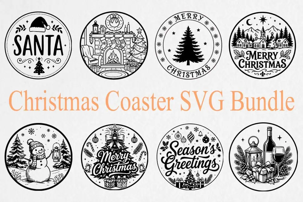 eight round Christmas coaster designs with Santa, a snowman, trees and Merry Christmas