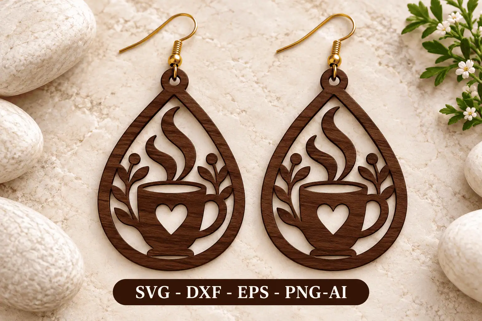 teardrop earrings with a steaming coffee cup and a heart
