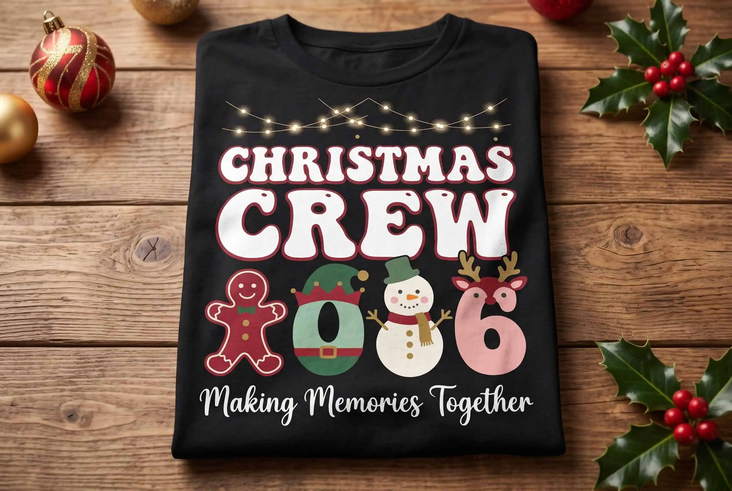 black t-shirt that says Christmas Crew 2026, Making Memories Together, with a gingerbread man and snowman