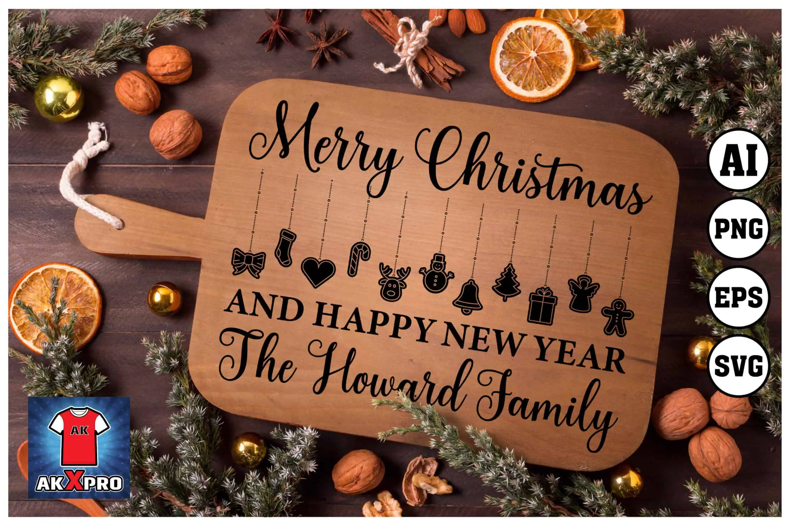 wooden cutting board that says Merry Christmas and Happy New Year, the Howard Family