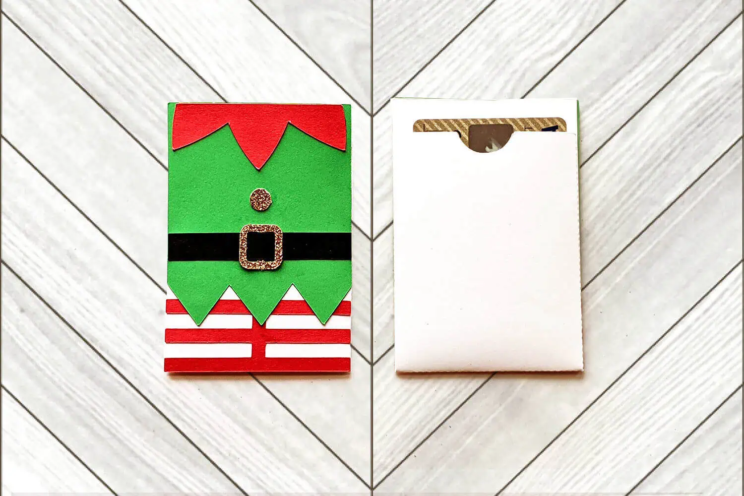 paper gift card holder that looks like an elf outfit with a belt and striped legs