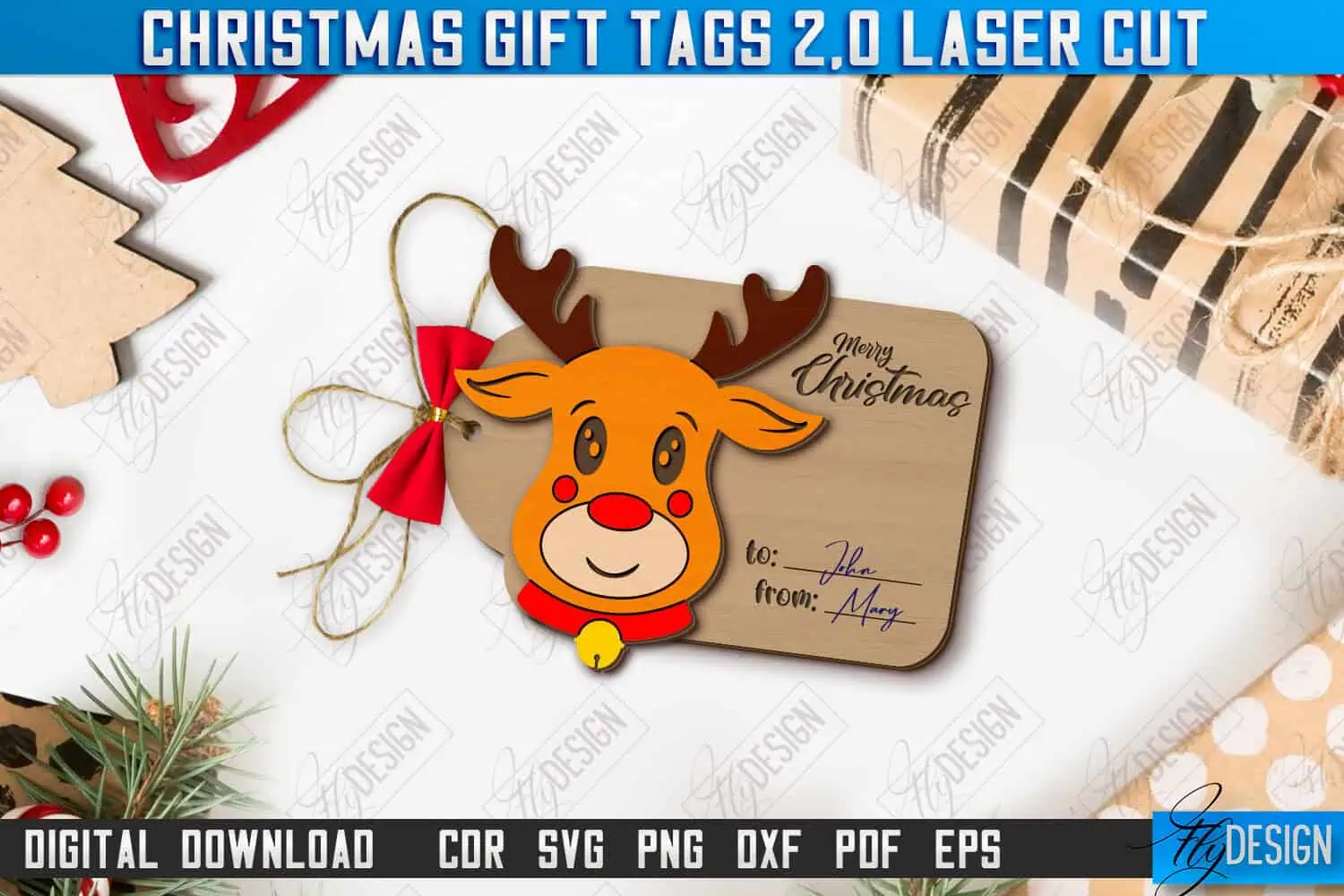 layered reindeer face gift tag with a red nose and a Merry Christmas tag